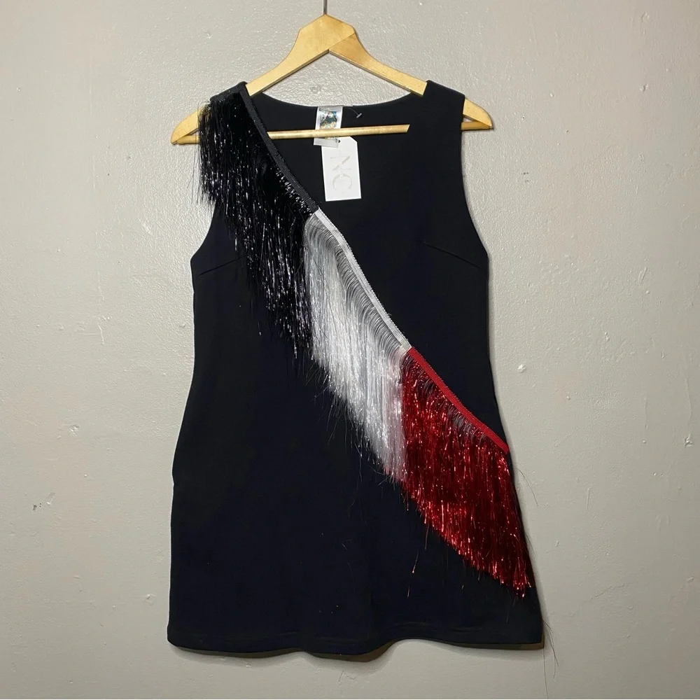 NEW Queen of Sparkles Red White Black Fringe Front Mini Dress Size Small - Picture 3 of 8